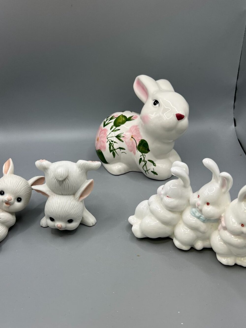 Bunny Bunnies Lot of 4 Items Rabbit Kitschy Easter Decor Floral Homco